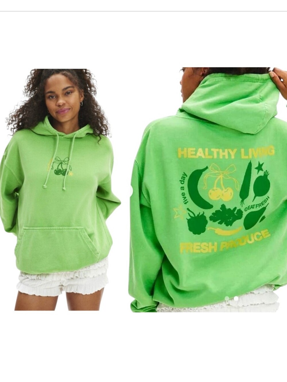 Urban Outfitters Green 'Healthy Living Fresh Produce' Graphic Hoodie Size Small